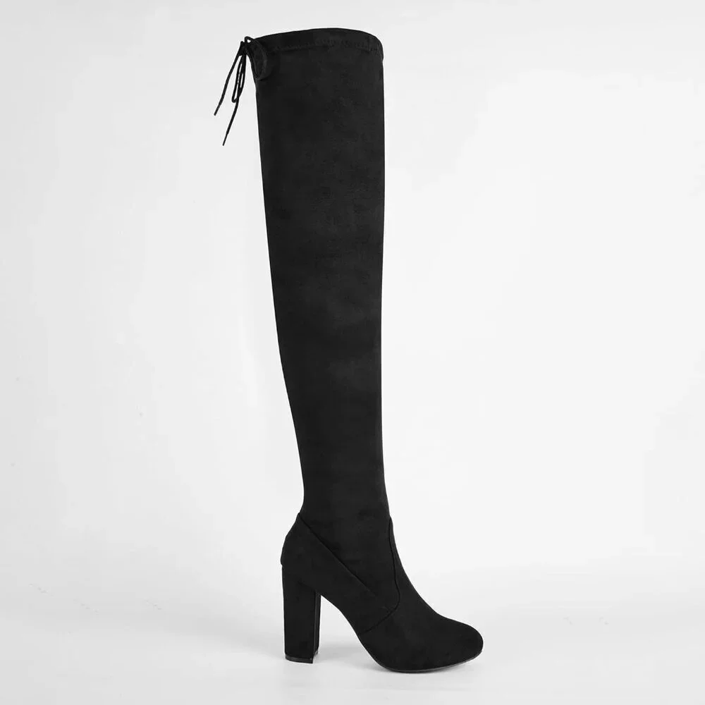 Women's Microfiber Thigh High Block Stiletto Heel Over The Knee Rounded Toe Boot